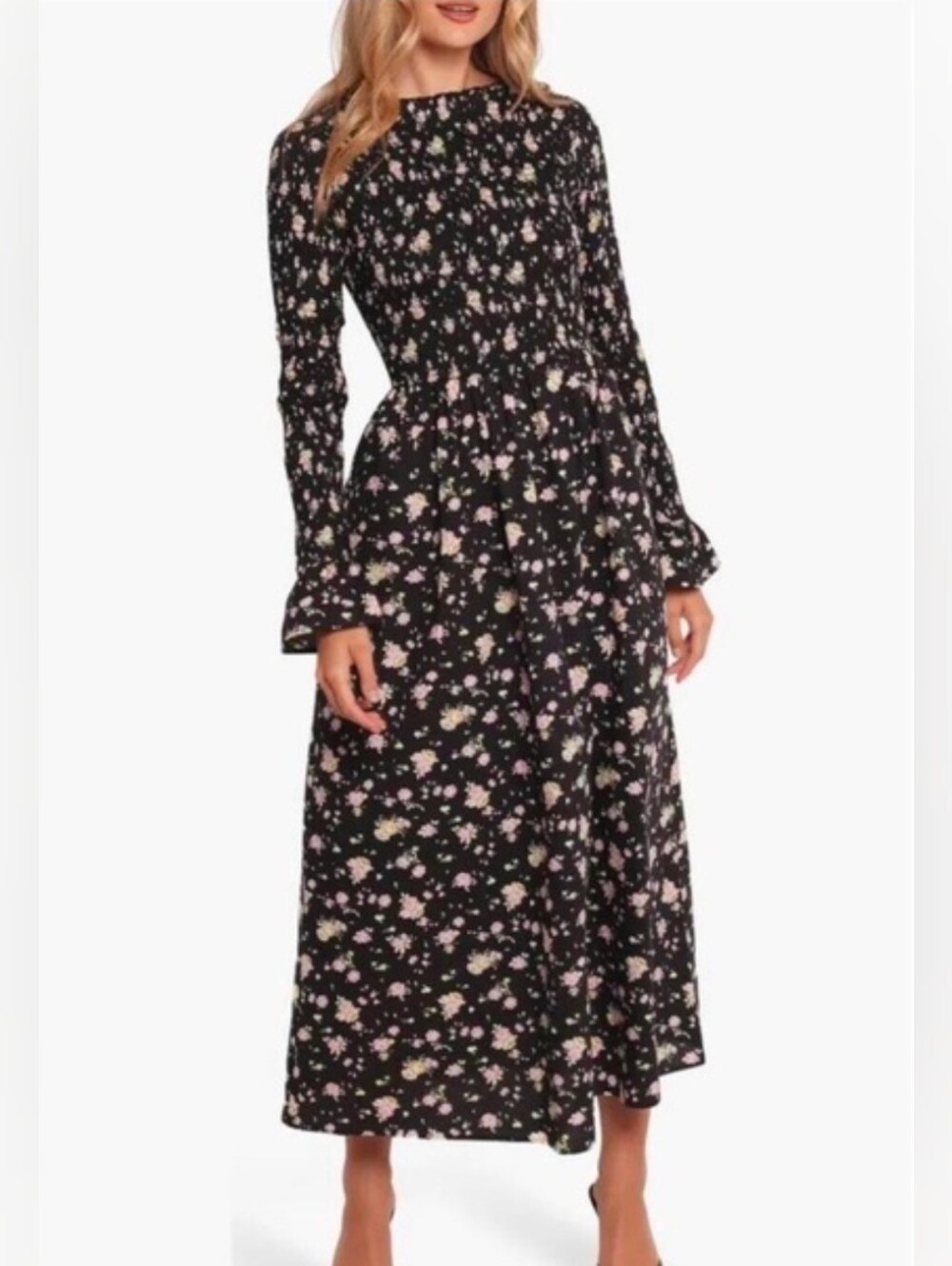 Petal & Pup Mairead Long Sleeve Cotton Maxi Dress- Black Floral